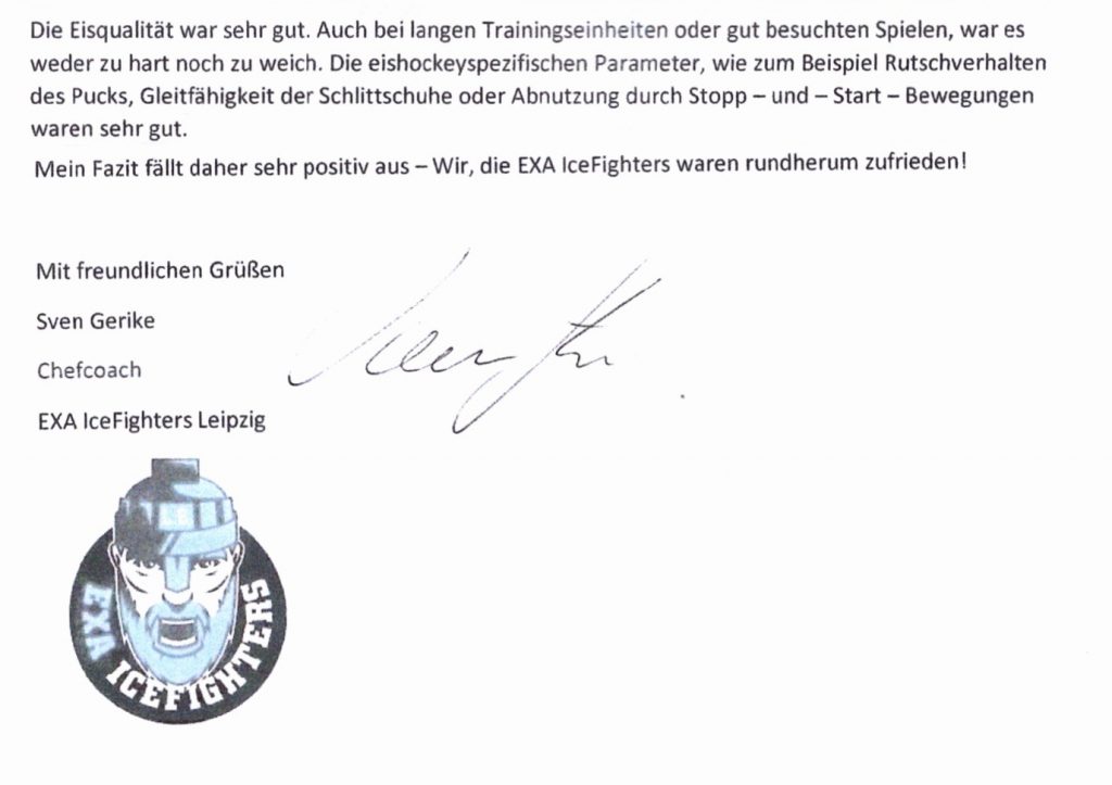 Schreiben der exa-Icfighters zur Qualität des Eises im Eiszirkus Leipzig